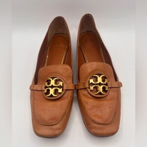 Tory Burch Metal Miller Gold Logo Loafer Brown Tan Classic Leather SZ 9